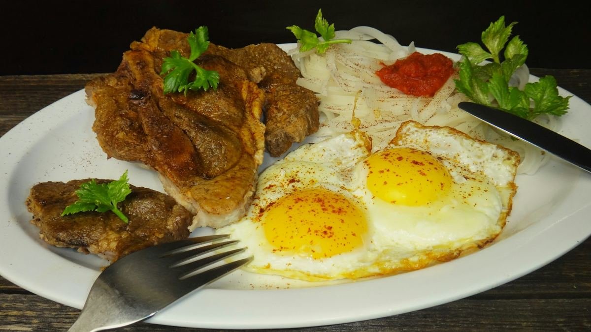 Steak and fried eggs on a plate